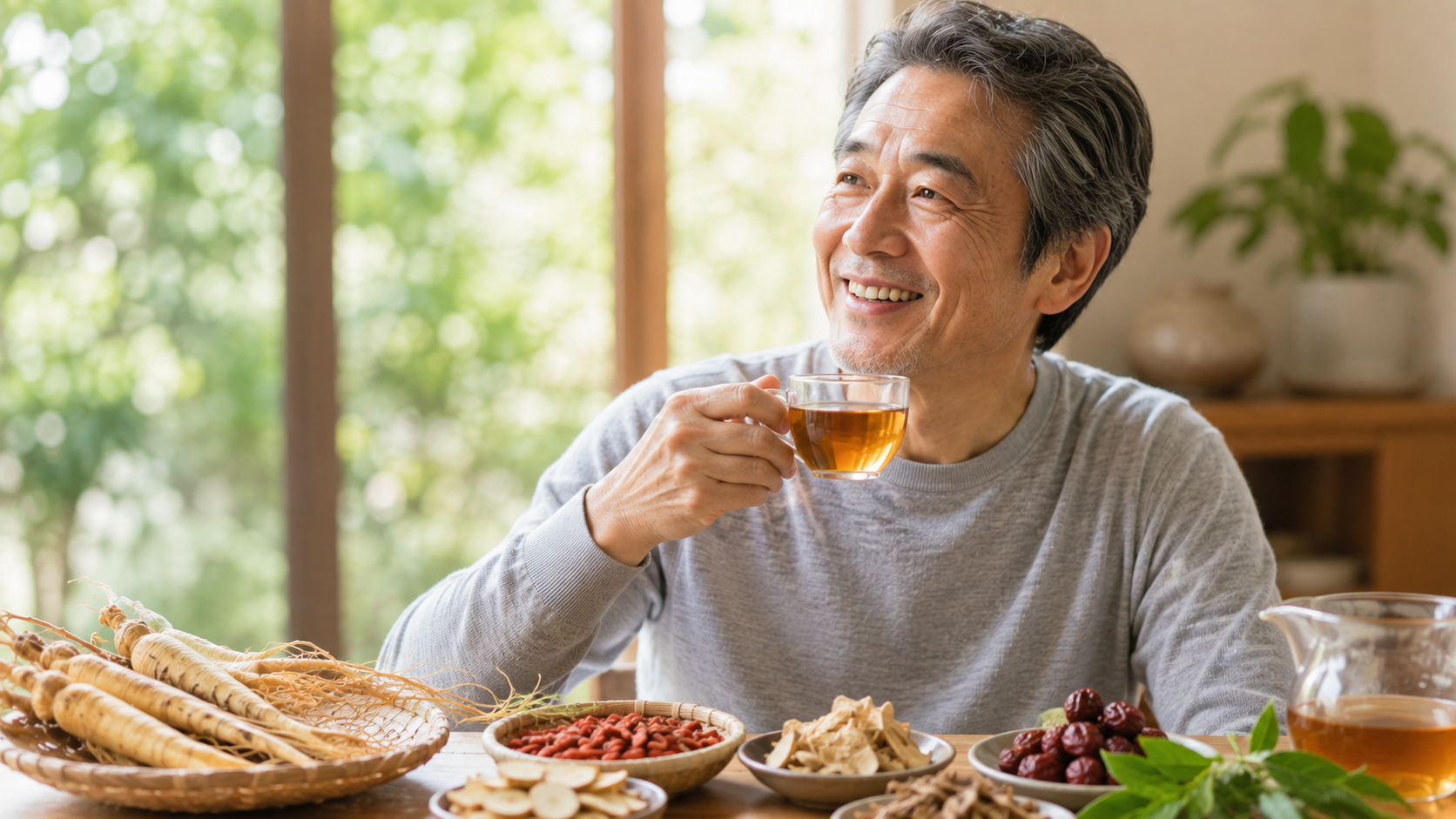 男性が笑顔で茶を飲むイメージ